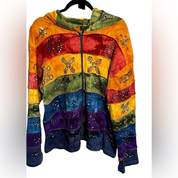 Rising International Rainbow Patchwork Made in Nepal Hooded Jacket Sz XXL - Picture 1 of 9